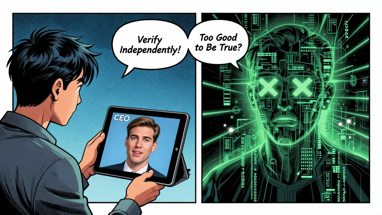 Comic style split view showing a deepfake scammer and digital glitches.