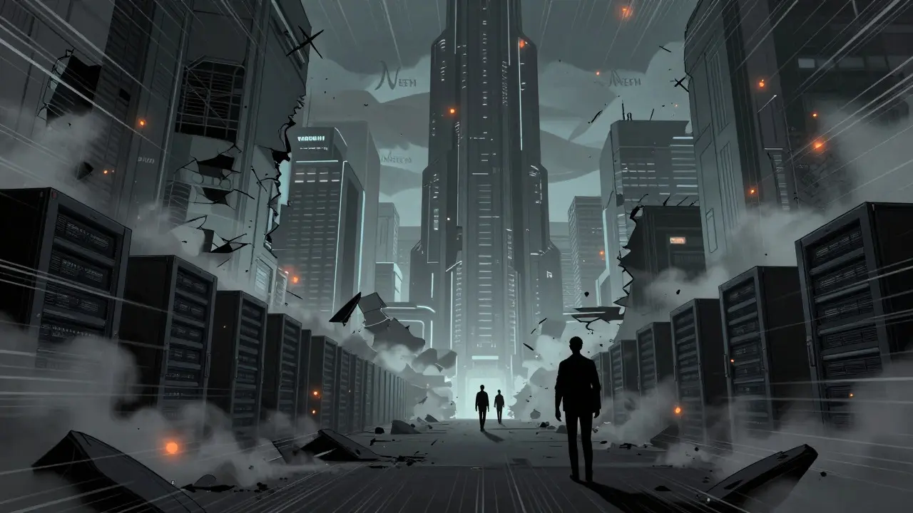 Crumbling futuristic cityscape symbolizing NEM's decline as a ghost chain.