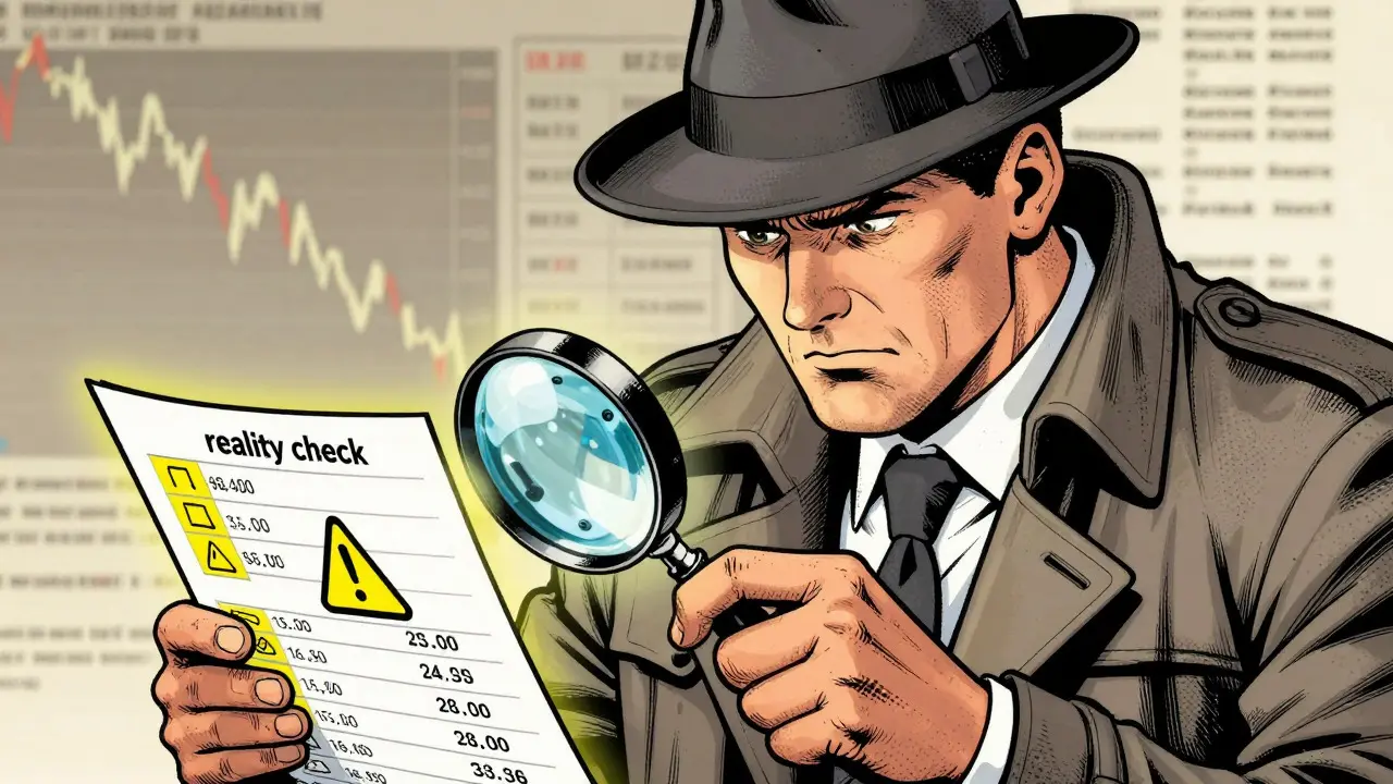 Detective examining blockchain data in comic style