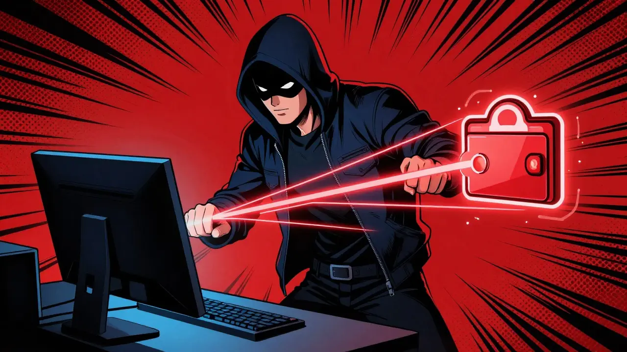 Hacker draining a user's crypto wallet via a computer in a dynamic comic style.