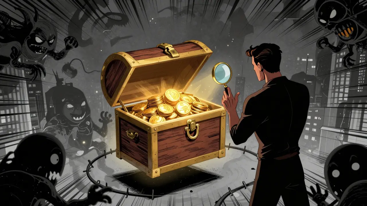 Hero avoiding traps around deceptive treasure chest