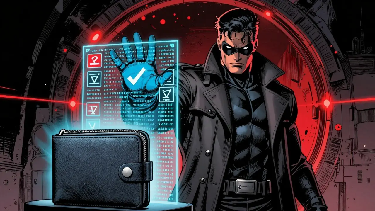 Hero blocks phishing scams and protects a digital wallet with an energy shield