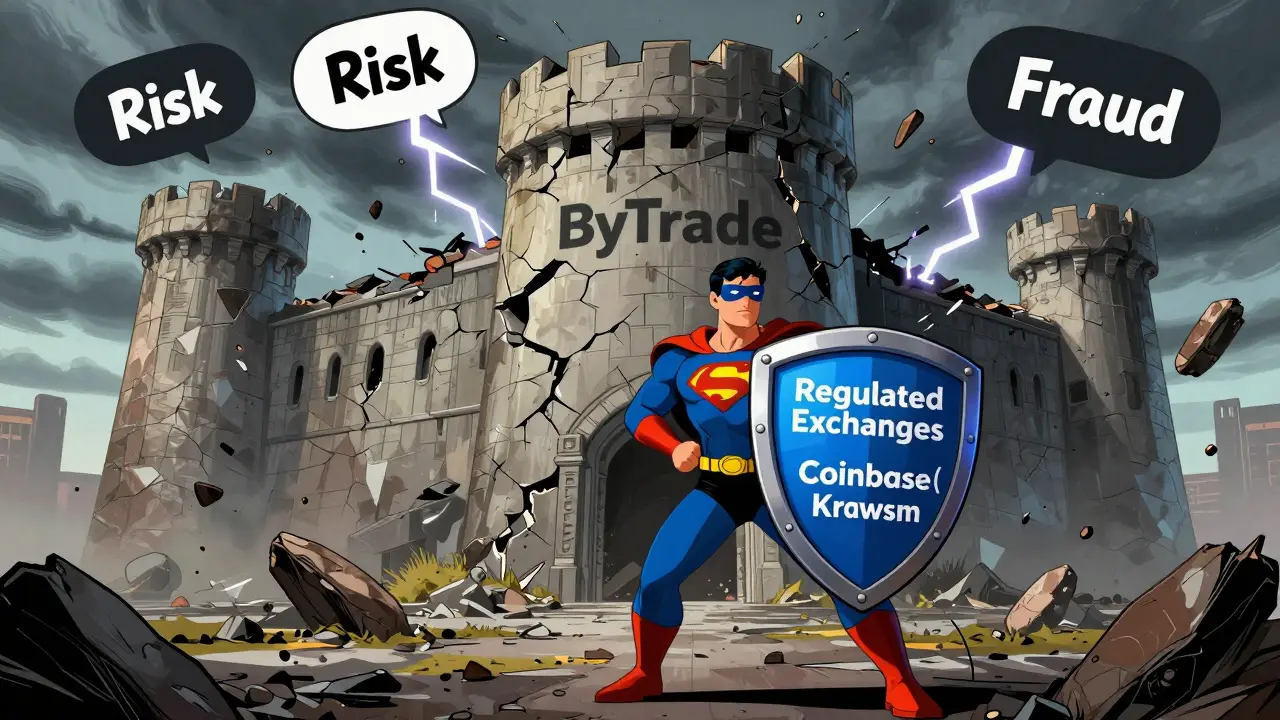 Hero shielding self from crumbling ByTrade fortress in comics