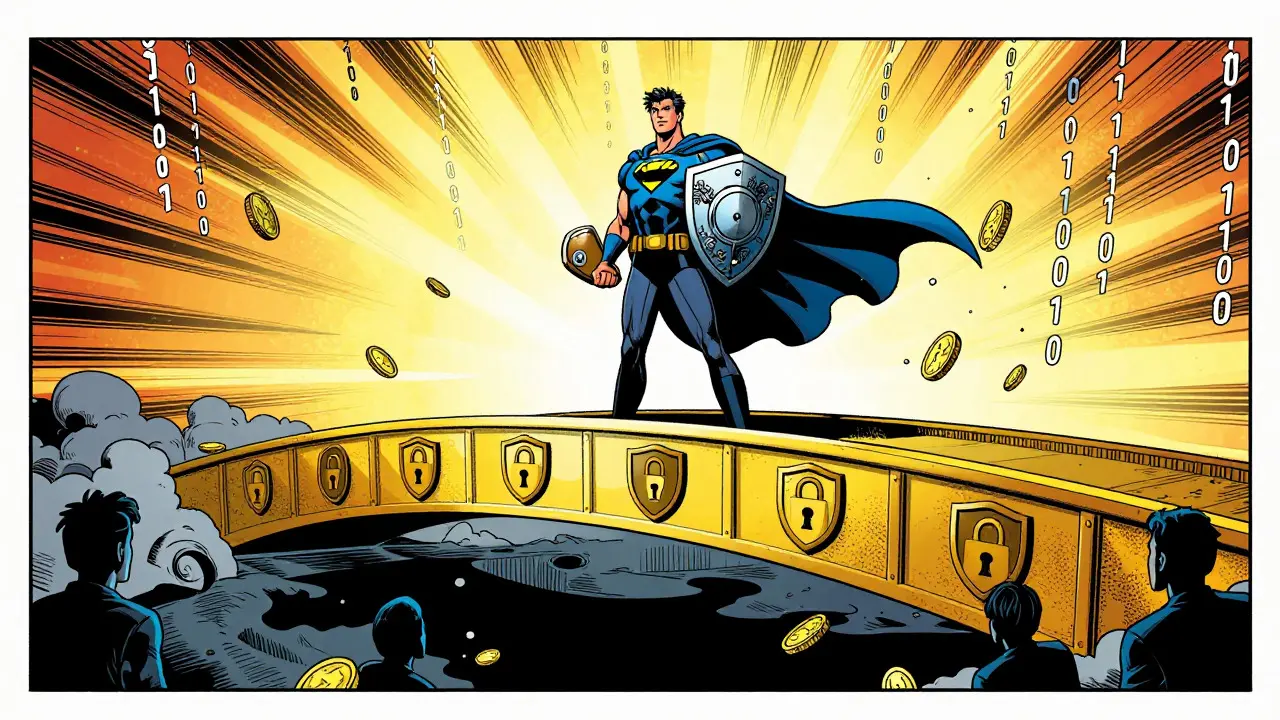 Hero standing safely on secure bridge above dangerous scam abyss