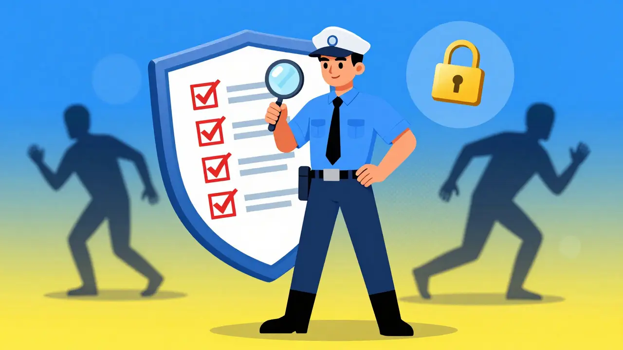 Heroic detective verifying security details against a shield of trust symbols.