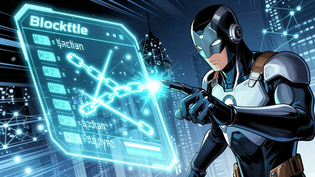 Heroic figure interacting with a glowing, secure digital property ledger chain.