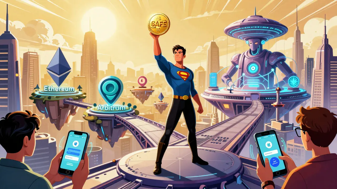 Heroic figure standing on a blockchain bridge in a futuristic comic city.