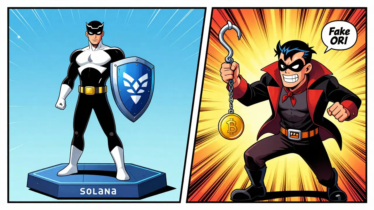 Heroic Orca vs villainous fake ORI scammer in comic style