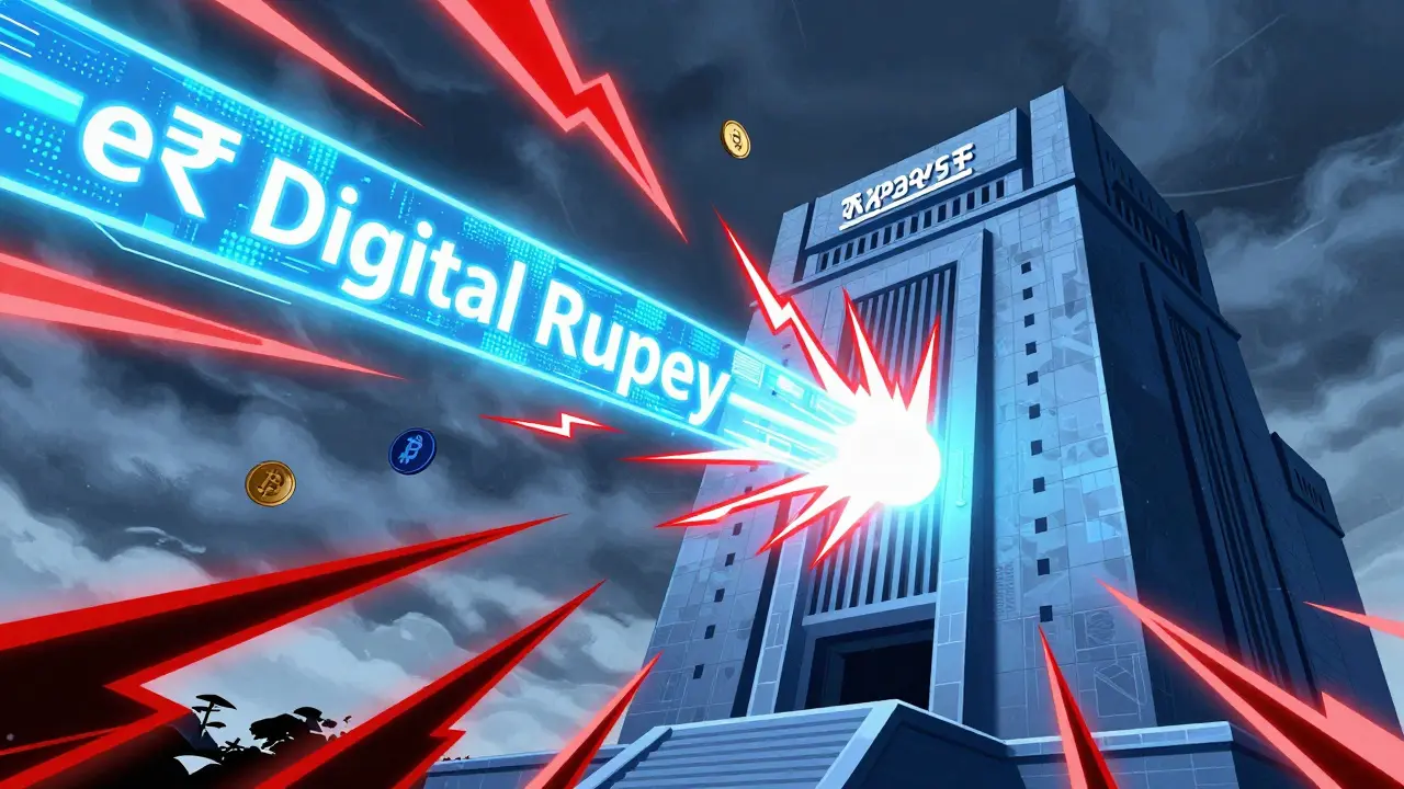 Heroic RBI fortress defending Digital Rupee against crypto chaos
