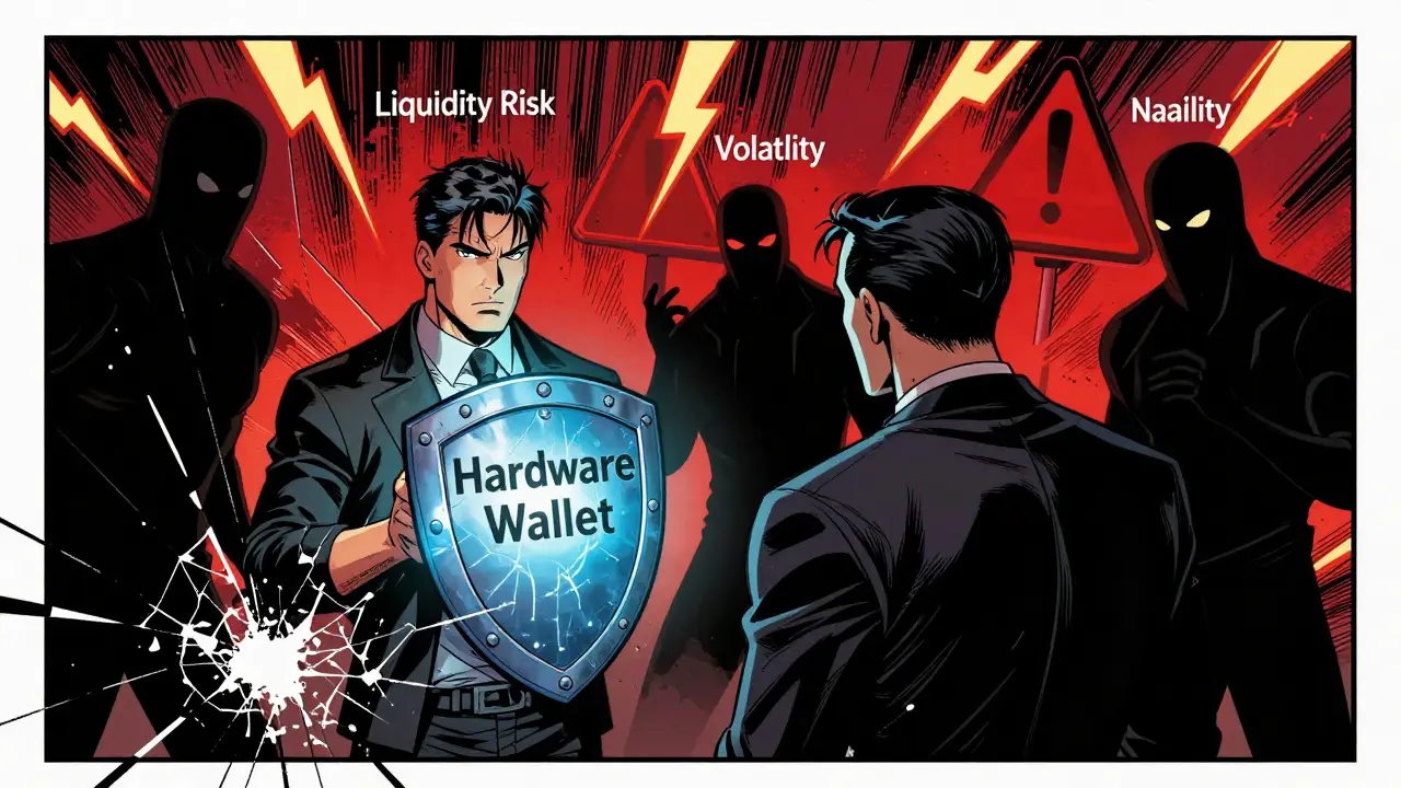 Investor shields against risk villains in comic style