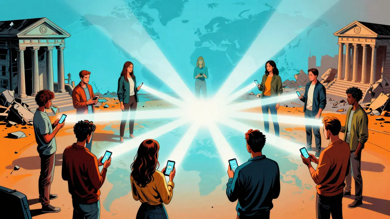 People connected by smartphone light beams bypassing old banks in comic style