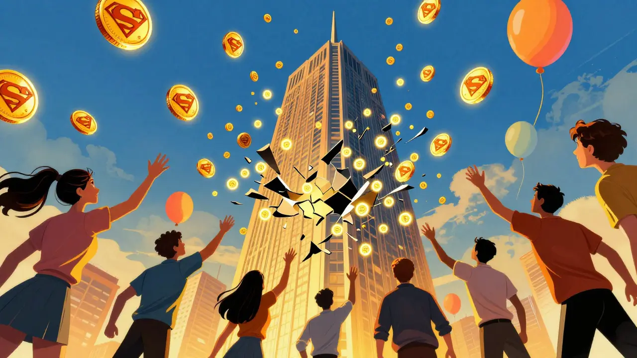 Skyscraper breaking into digital tokens for fractional real estate ownership.