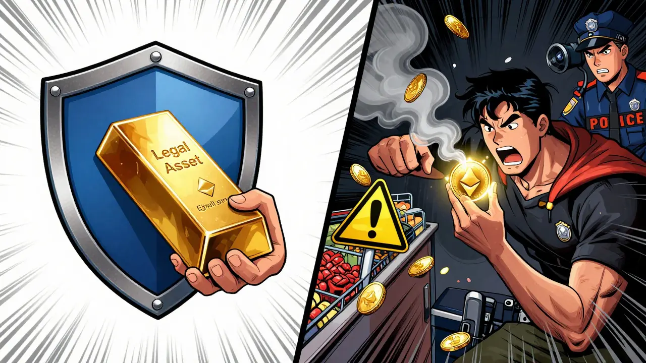 Split panel comic showing legal crypto assets vs illegal spending