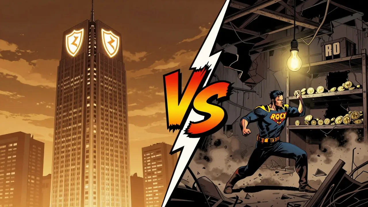 Split panel contrasting stable financial tower with abandoned, risky token warehouse