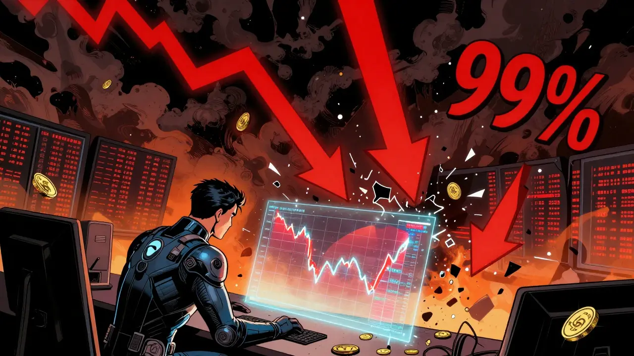 Superhero comic illustrating EAI token's massive price crash and market volatility.
