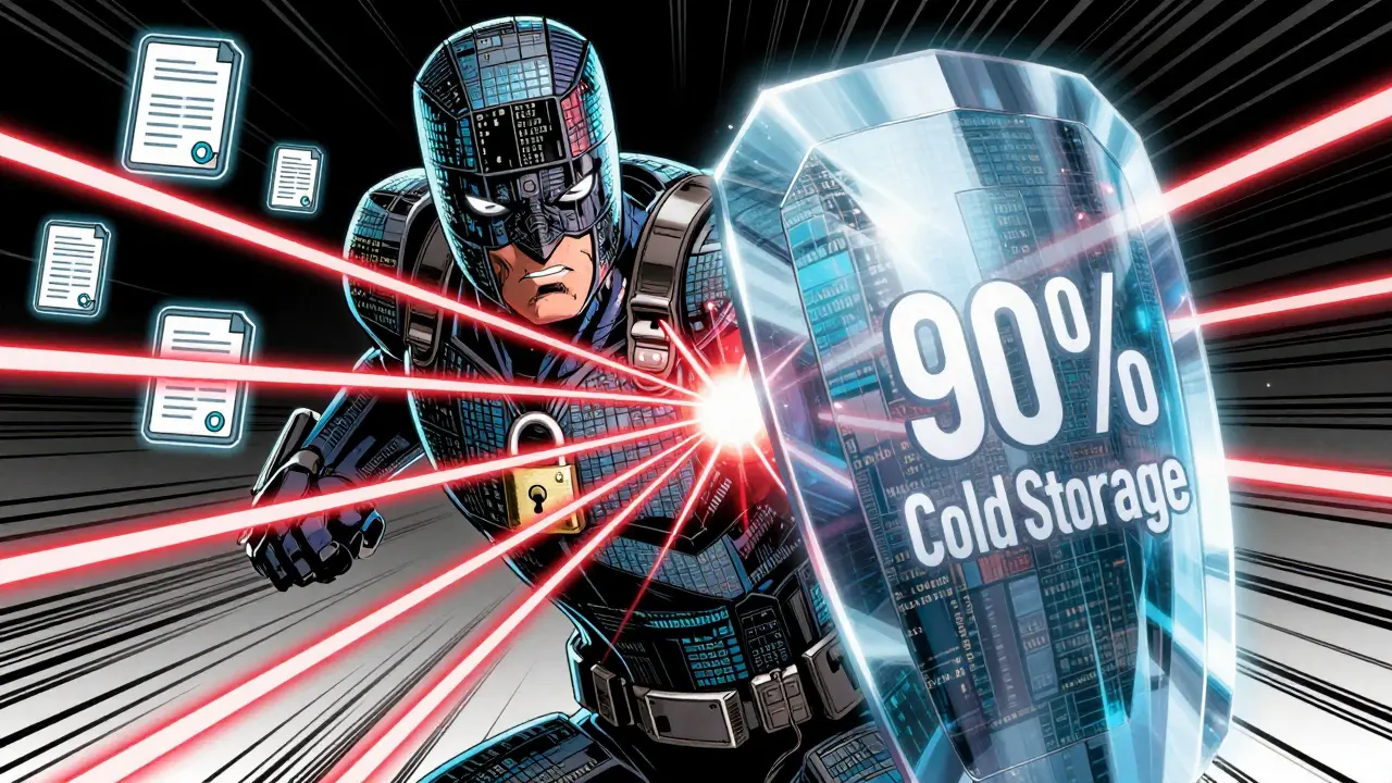 Superhero defender blocking hacker attacks with cold storage encryption armor