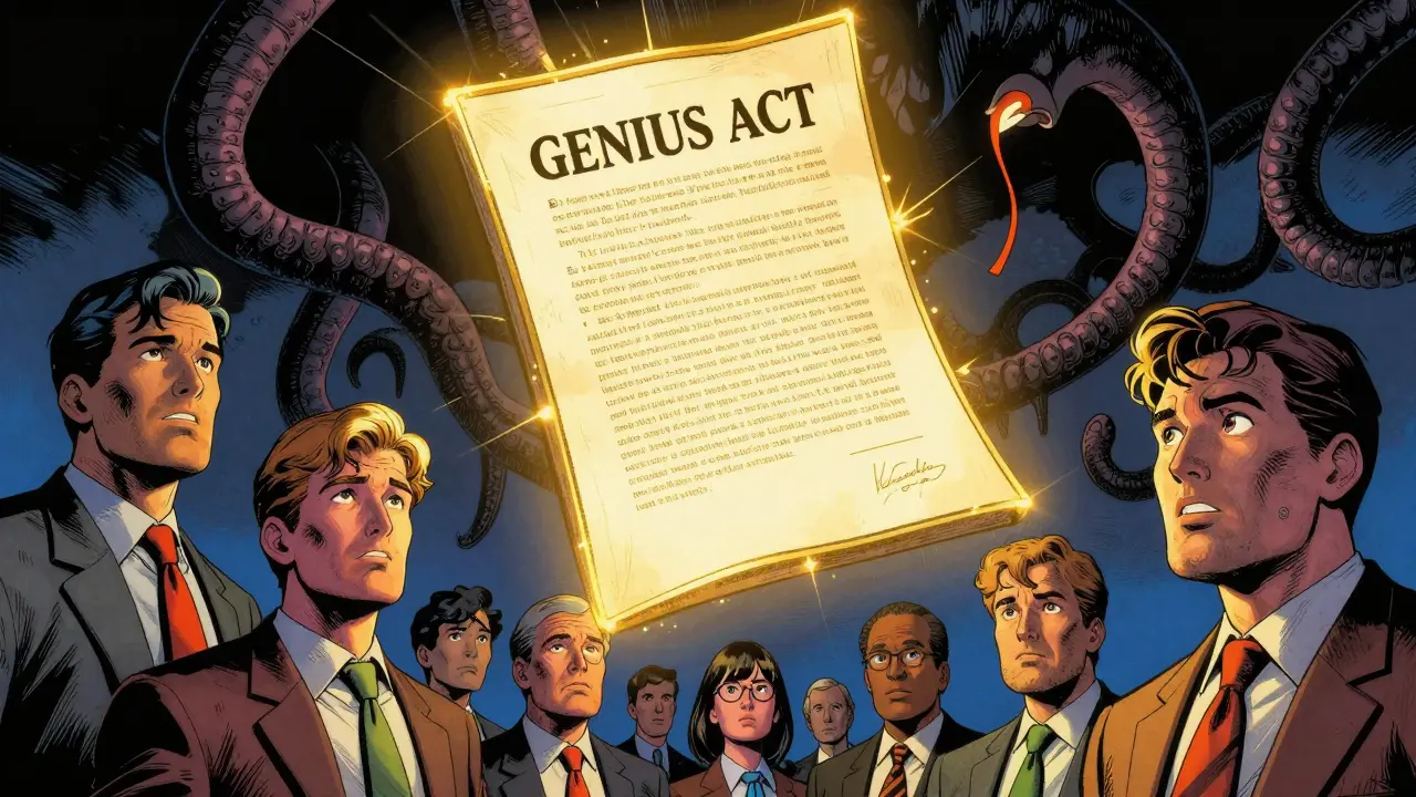 Superhero style illustration of GENIUS Act document shielding investors from dark shadows