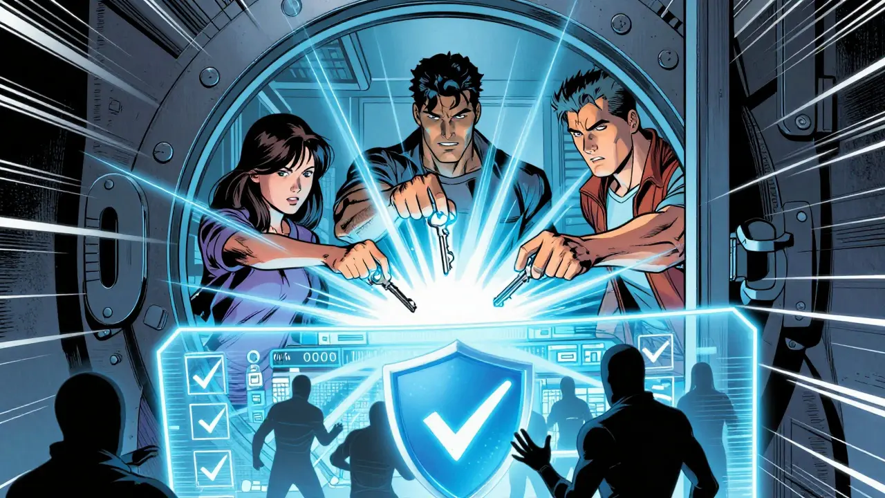 Three heroes inserting keys into a secure multi-sig digital vault together.