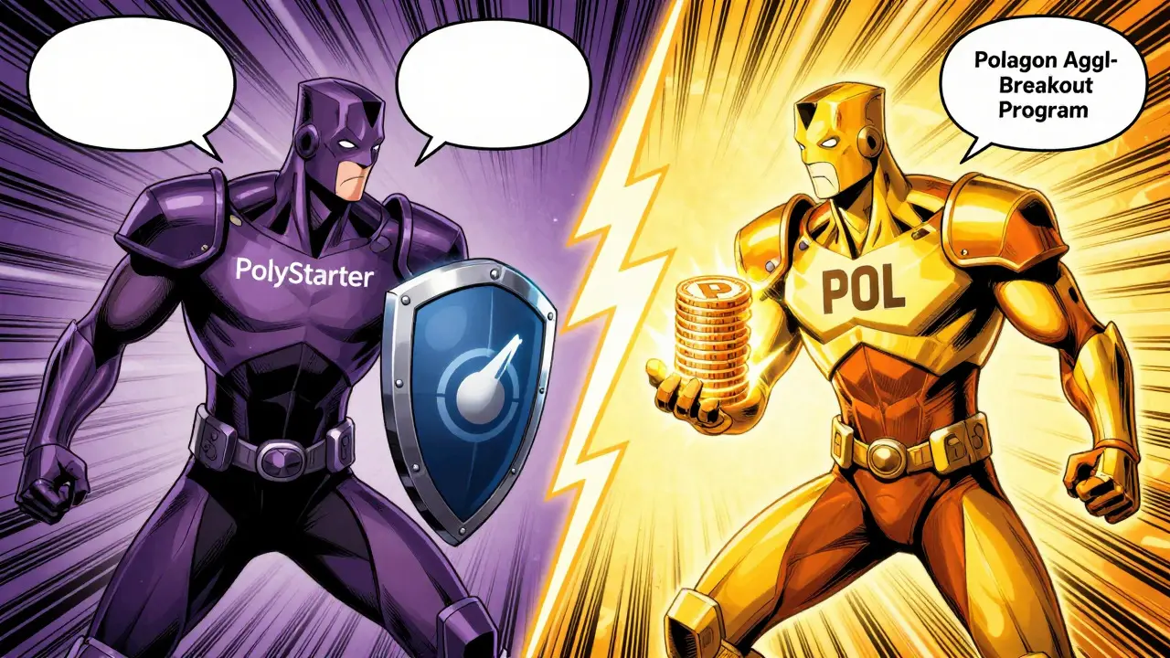 Two armored figures representing PolyStarter and Polygon clash amid confusion