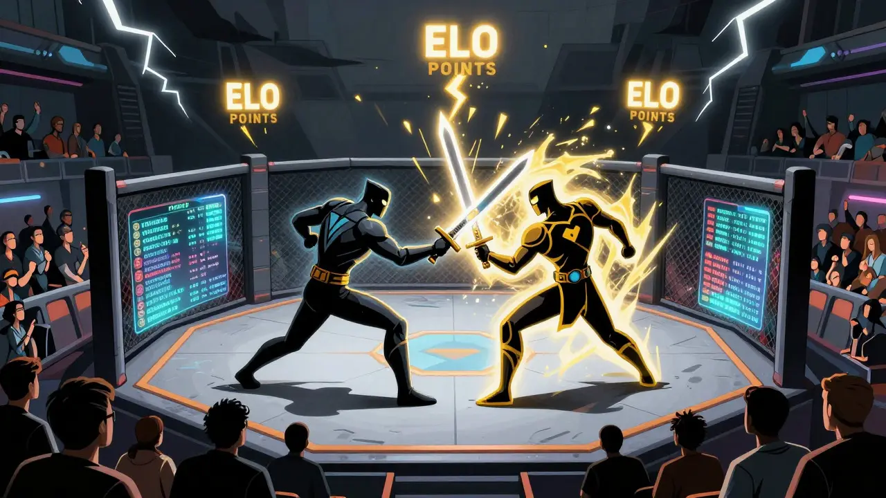 Two warriors battling in a futuristic arena with floating ELO points