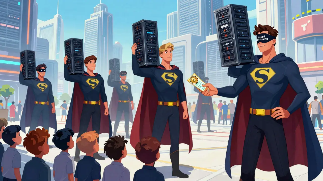 Validators collecting stakes from citizens in a futuristic city, highlighting delegation and liquid staking.