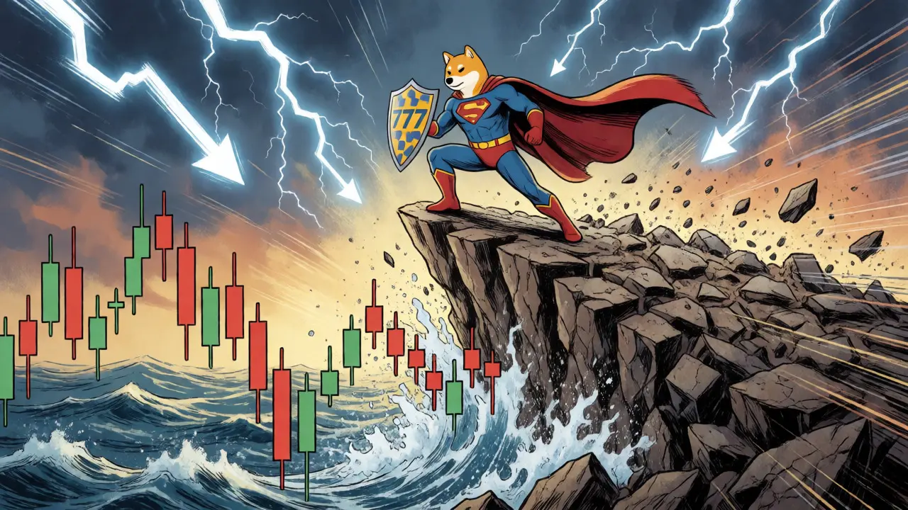 A Shiba Inu figure balancing on a cliff of order books above crashing price charts.