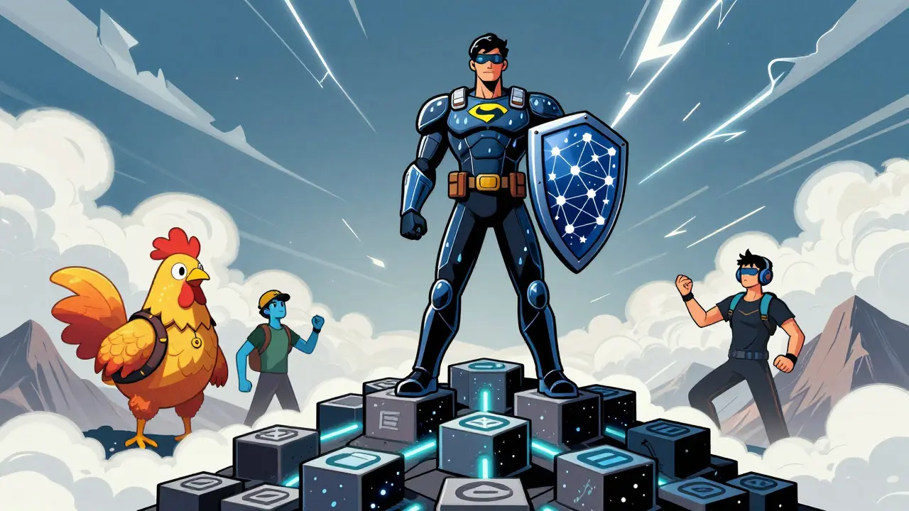 A superhero standing on blockchain blocks with allied figures in the distance