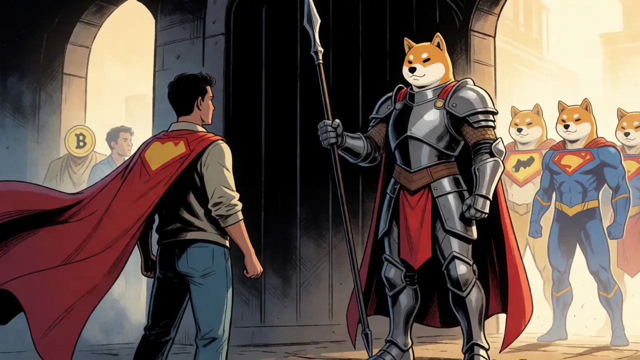 A trader facing a Shiba Inu guardian at the gates of the Gui Inu ecosystem.