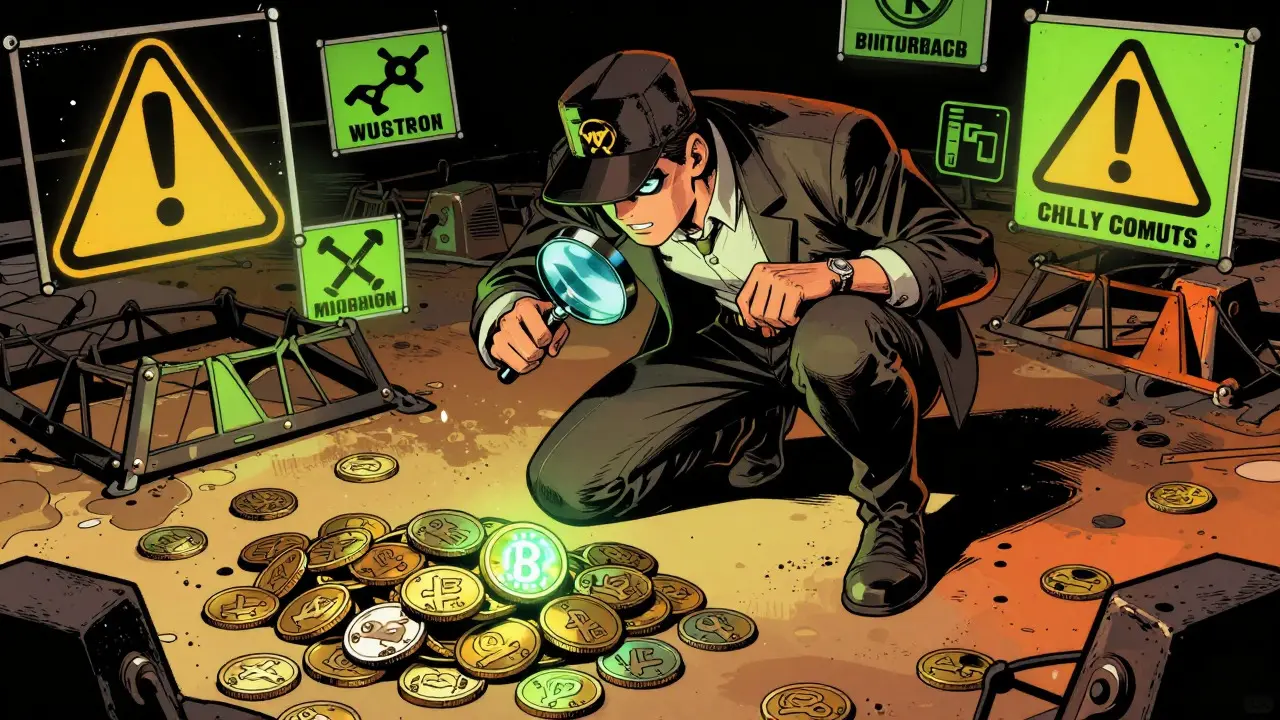 Comic art of a detective examining specific coins among a pile of fakes
