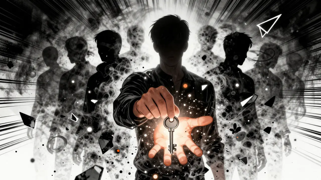 Comic art of a digital identity obscured by mist and fragmented data shards