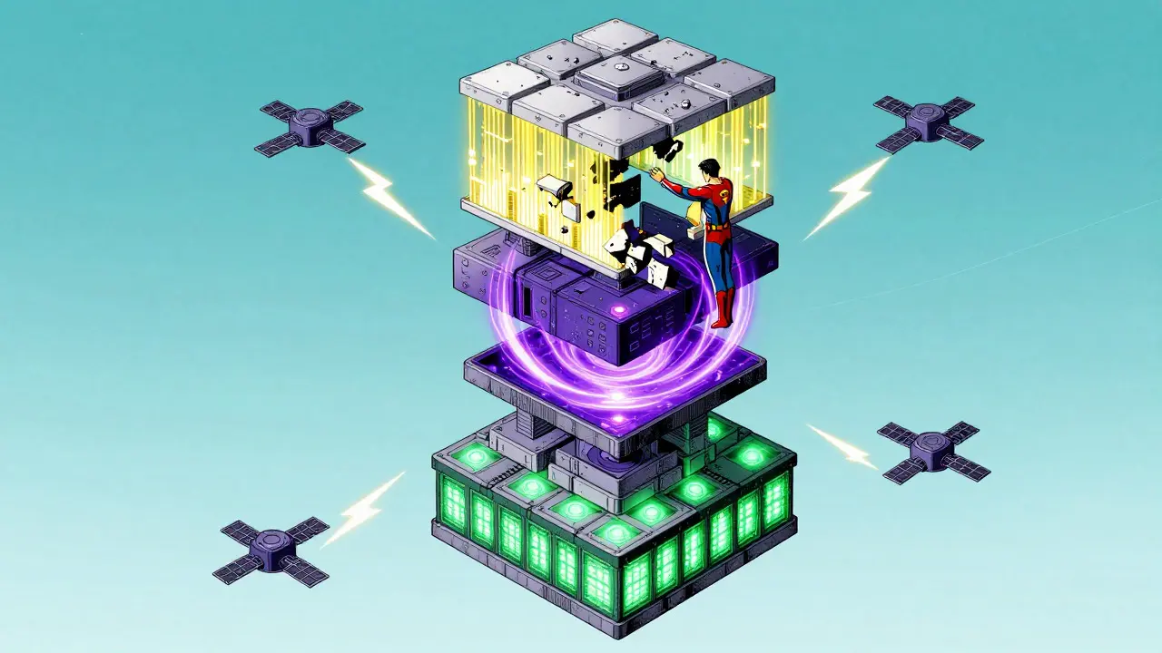 Comic art of a layered skyscraper structure representing modular blockchain with swappable parts