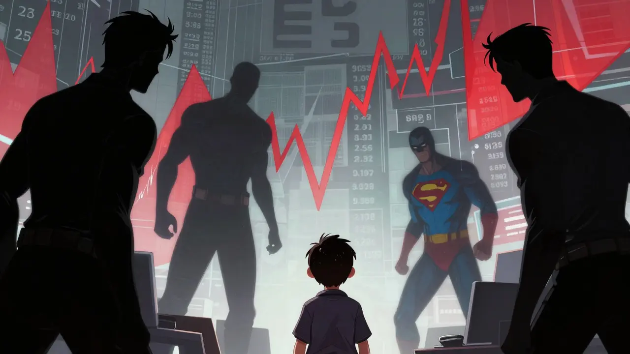 Comic art of investor facing crypto market villains