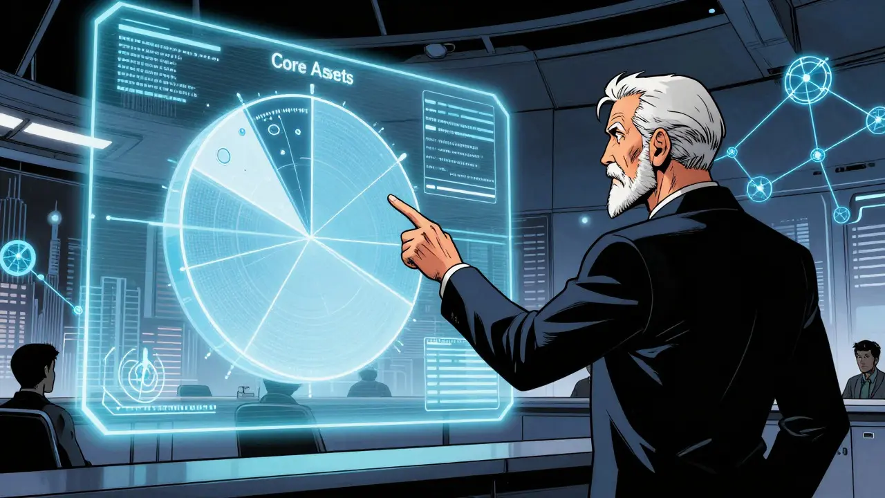 Comic art of strategist pointing at holographic portfolio chart with core and satellite assets