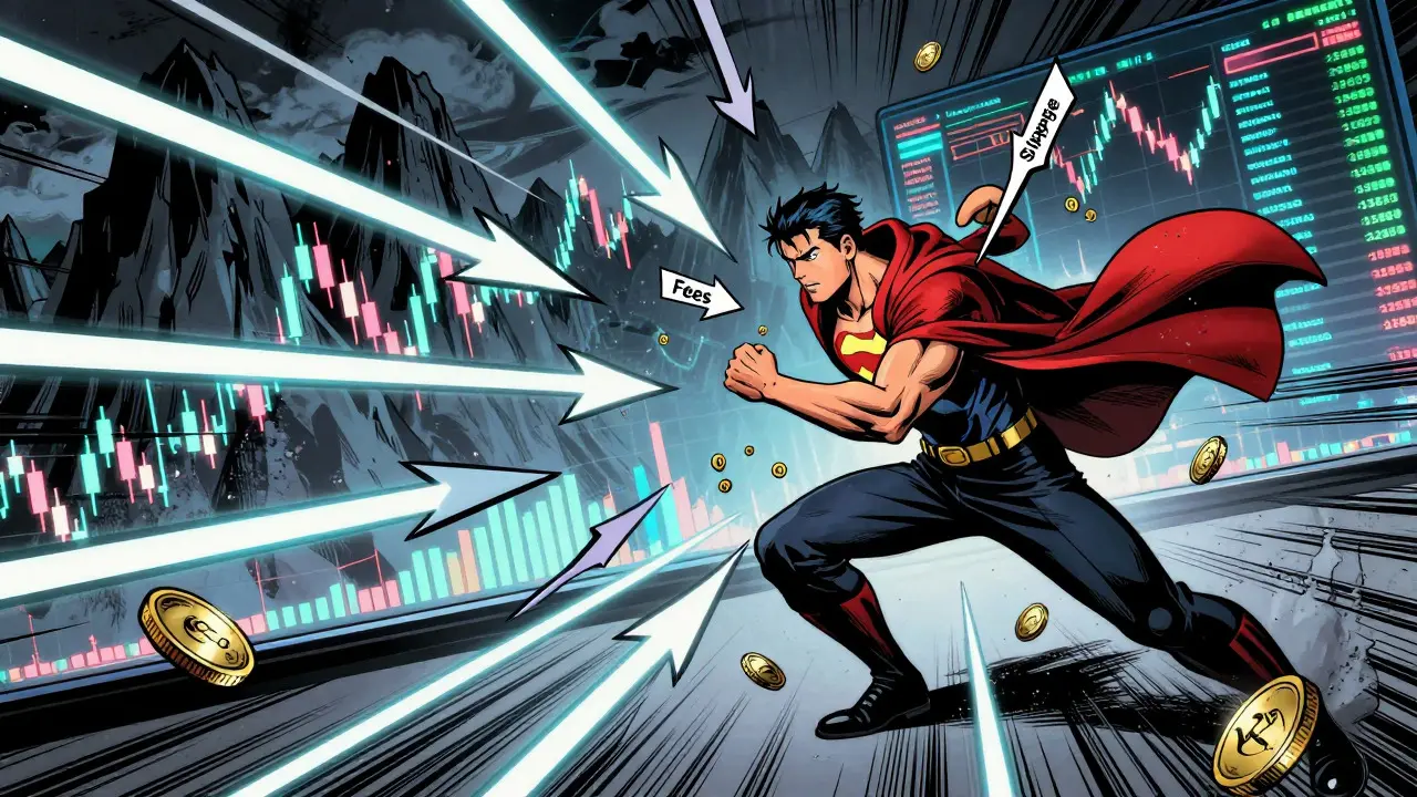 Comic art of trader battling fees and market volatility