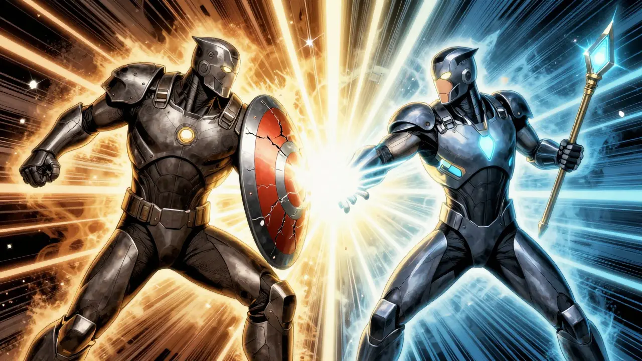 Comic art of two heroes merging their powers to represent hybrid blockchain architecture