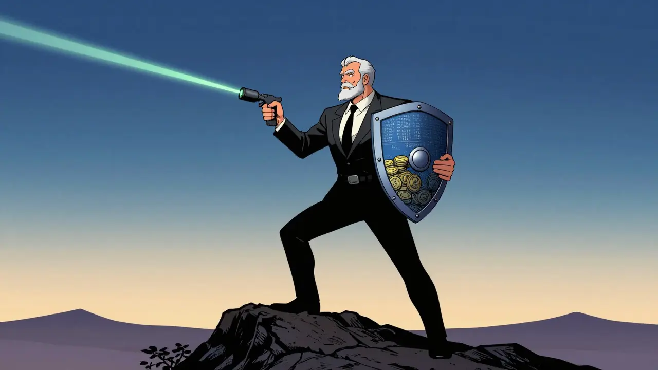 Comic art showing hybrid crypto strategy with shield and tools