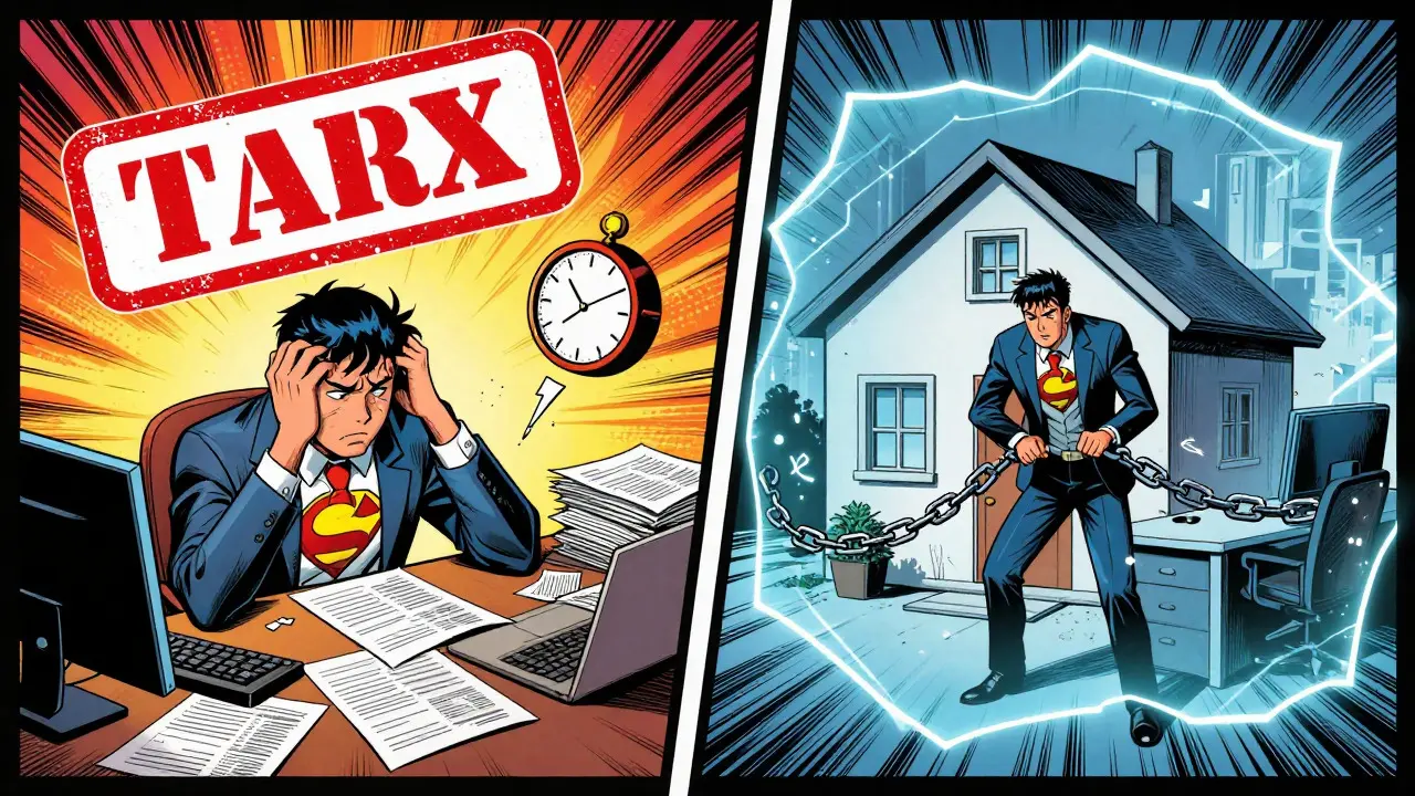 Comic book art showing a person overwhelmed by tax forms and locked out of financial opportunities