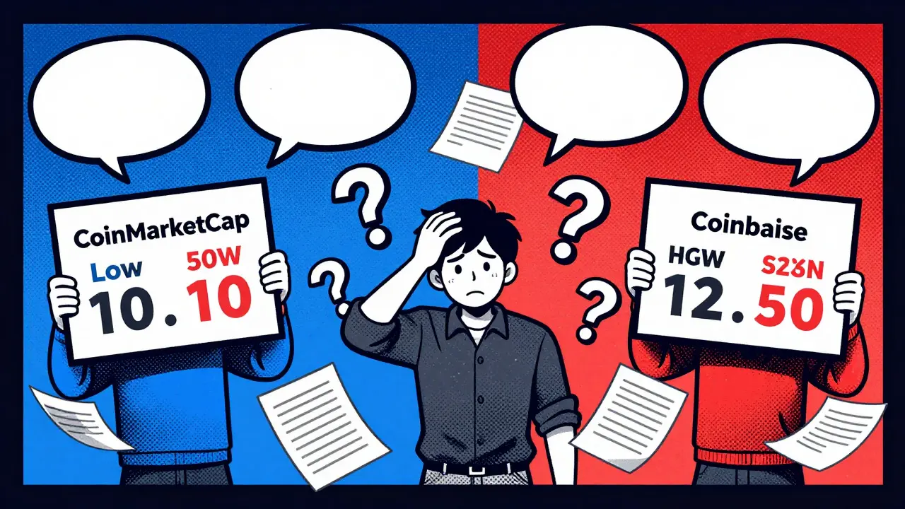 Comic book panel showing conflicting crypto data sources confusing a user