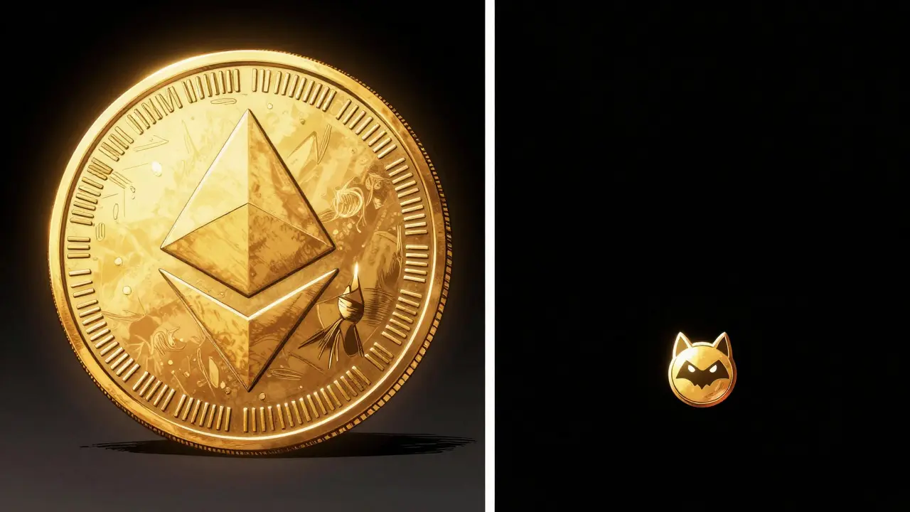 Comic comparison of large crypto vs tiny memecoin
