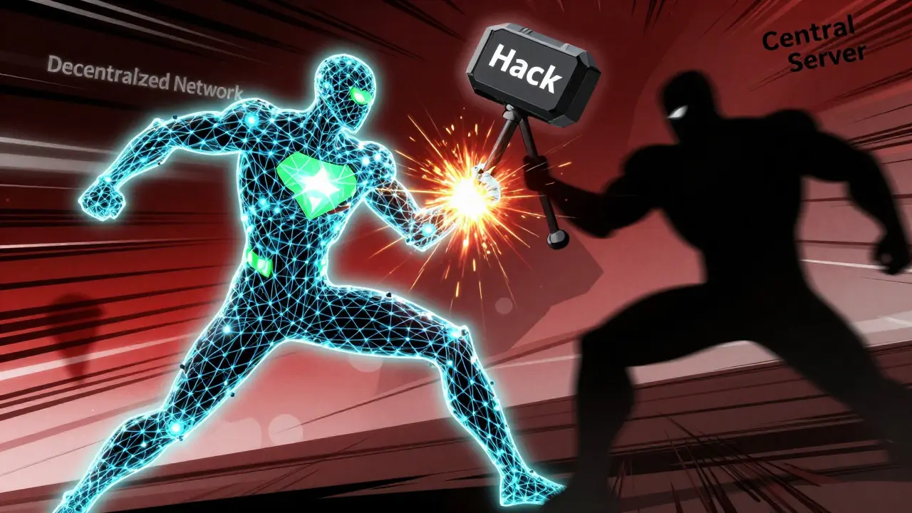 Comic hero made of nodes defending against centralized attack