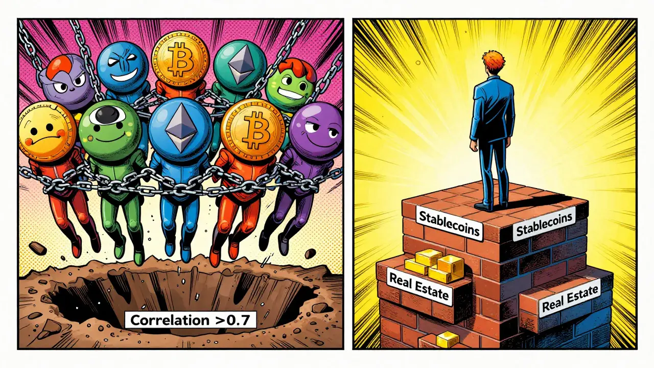 Comic illustration showing correlated crypto assets falling together versus safe diversified platform
