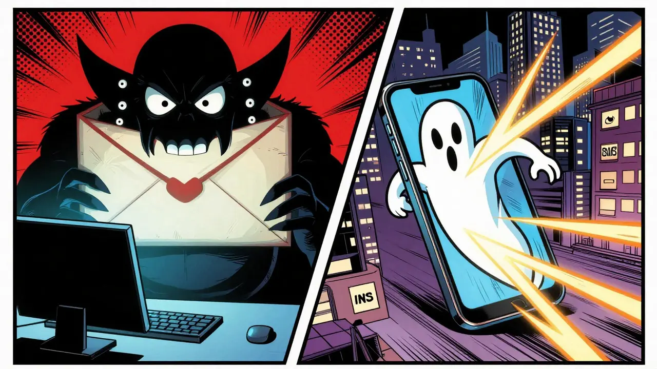 Comic illustration showing email and SMS phishing monsters attacking users