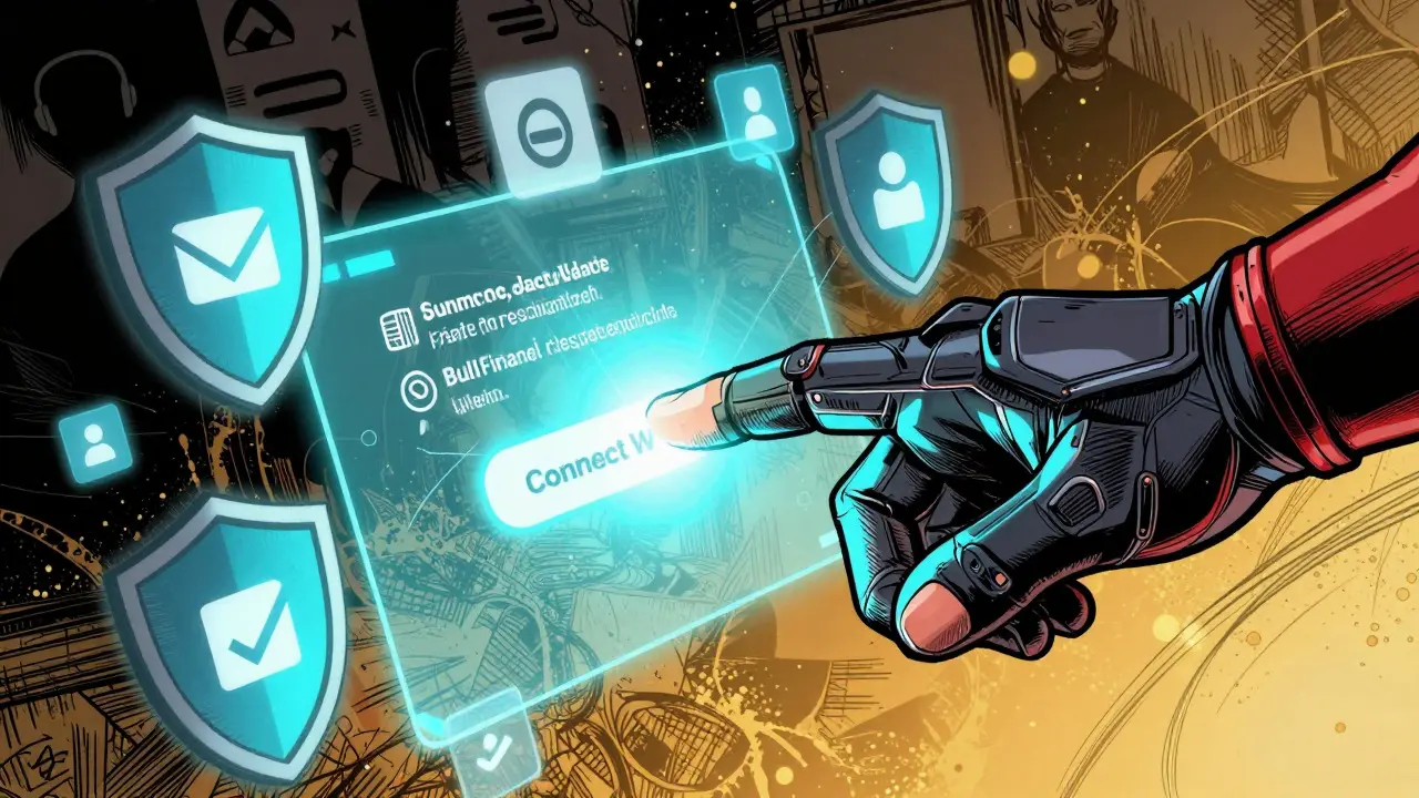 Comic style close-up of connecting a digital wallet securely