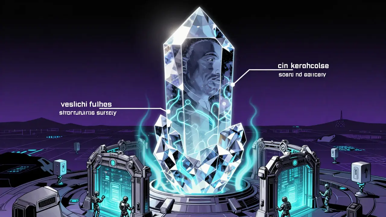 Comic style illustration of a crystal token structure showing supply layers and data processing gates