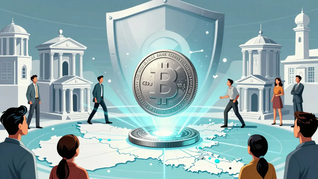 Comic style illustration of a futuristic digital coin hovering over a map of Nepal