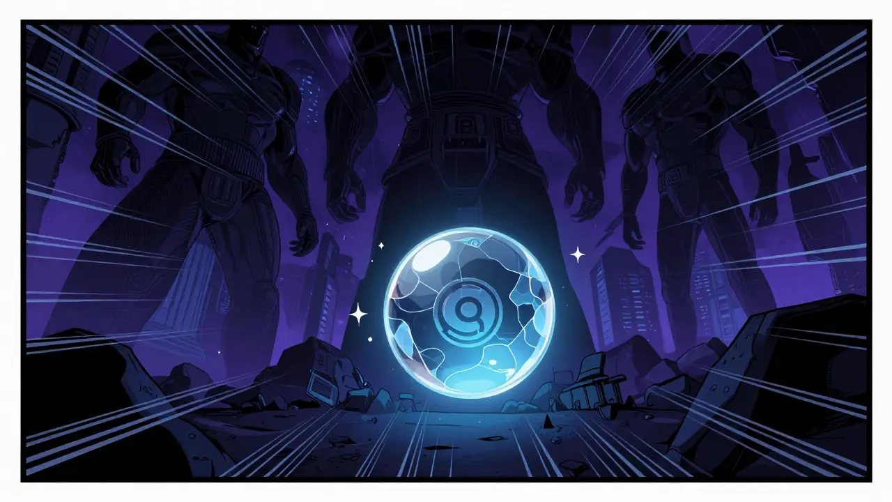 Comic style illustration of a tiny token surrounded by giant institutional shadows