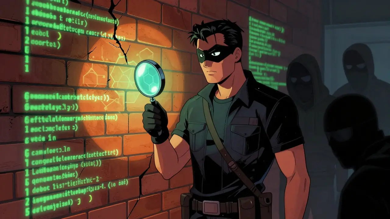 Detective-hero using a magnifying glass on a cracked digital wall