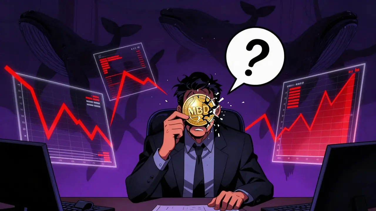 Distressed investor watching MBD token value crash in comic style