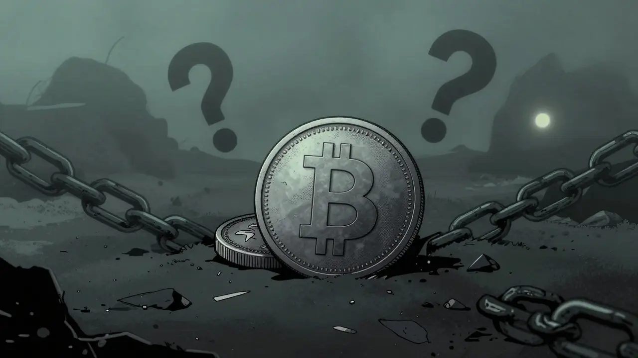 Dormant zombie coin in dark void with uncertain future light