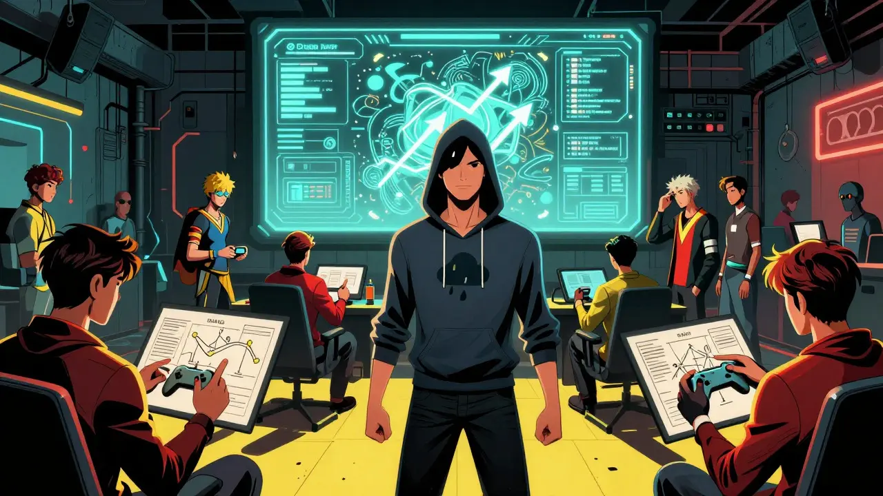 Gamers strategizing together in a comic-style guild headquarters